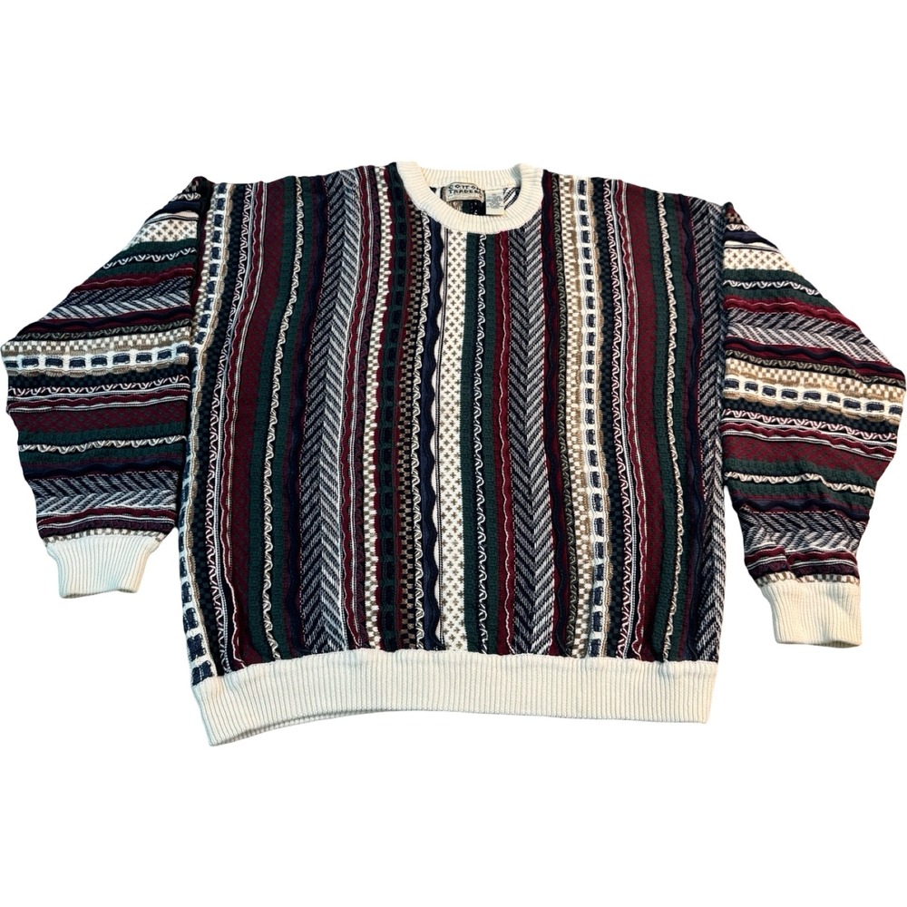 Vtg Cotton Traders Textured‎ Knit Sweater XL 100% Cotton 90s Striped  Hong Kong
